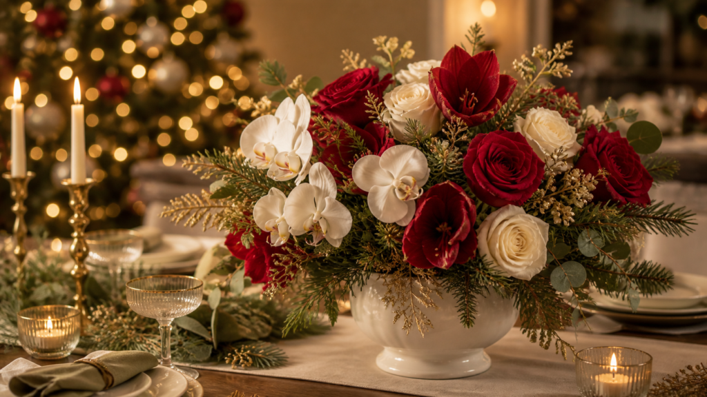Centro de mesa navideño con rosas blancas y pino natural