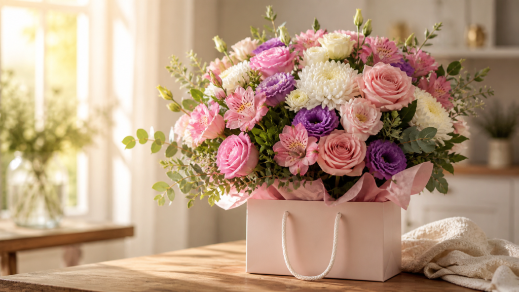 Arreglo floral para el Día de las Madres con rosas y crisantemos en Los Cabos