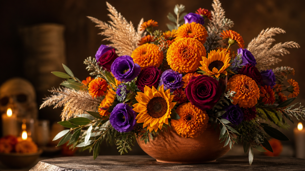 Arreglo de cempasúchil y flores de temporada para Día de Muertos en México