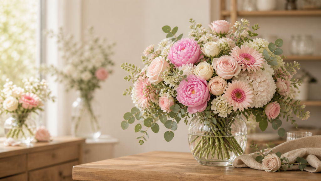 Arreglo floral con rosas y peonias en florería de Los Cabos