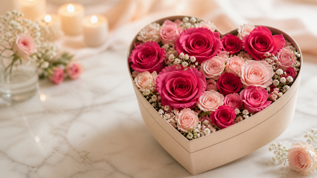 Arreglo de rosas en caja de corazón para regalo especial