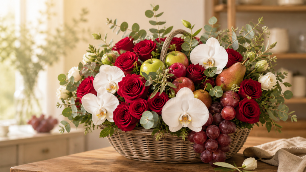 Arreglo personalizado con flores y frutas en canasta