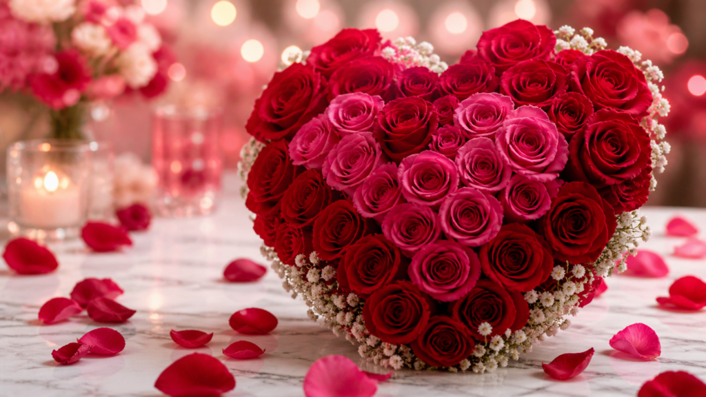 Arreglo de San Valentín con rosas rojas en forma de corazón