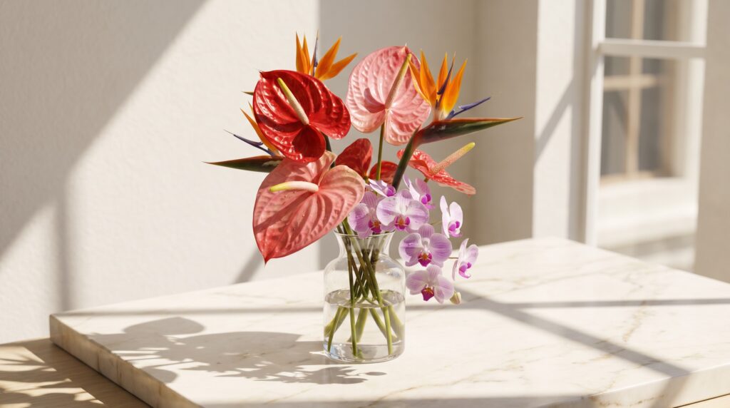 Anturios, aves del paraíso y orquídeas Phalaenopsis resistentes al calor en arreglo escultural sobre mármol