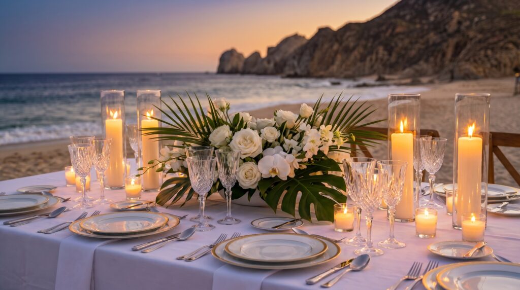 Mesa de boda elegante en Los Cabos con centro de rosas garden y flores tropicales al atardecer frente al mar
