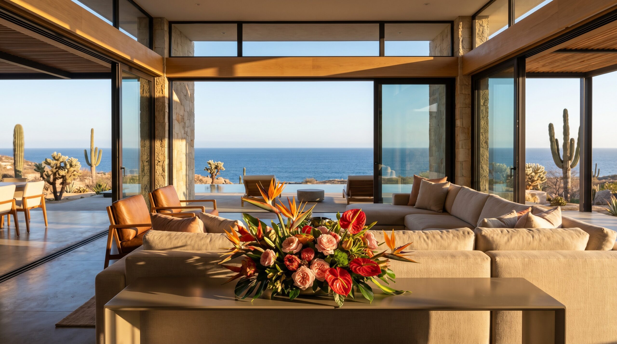 Decoración con flores en sala de casa de descanso en Los Cabos con vista al Mar de Cortés