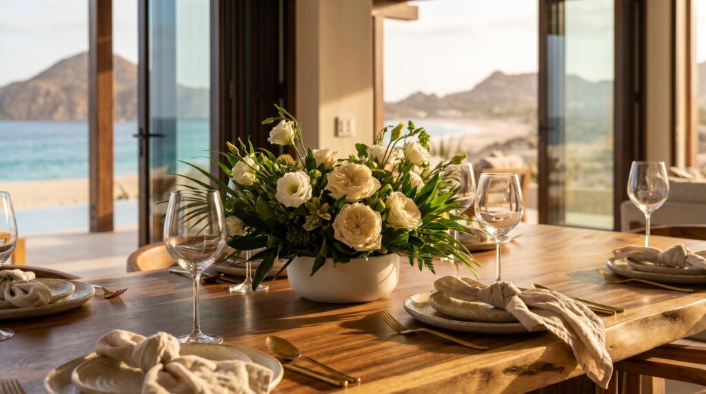 Centro de mesa de rosas garden y flores tropicales sobre mesa de madera en casa de descanso en Los Cabos con vista al mar