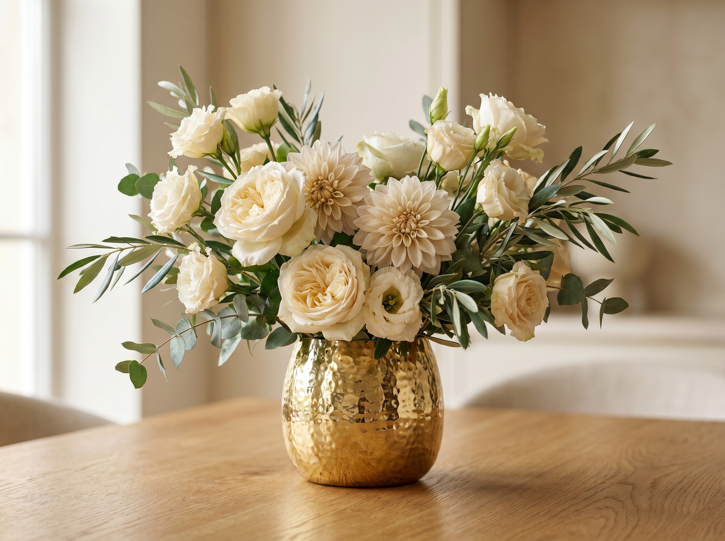 Arreglo floral en tonos crema y beige con rosas garden, dahlias y eucalipto en florero de oro cepillado, paleta earthy luxe