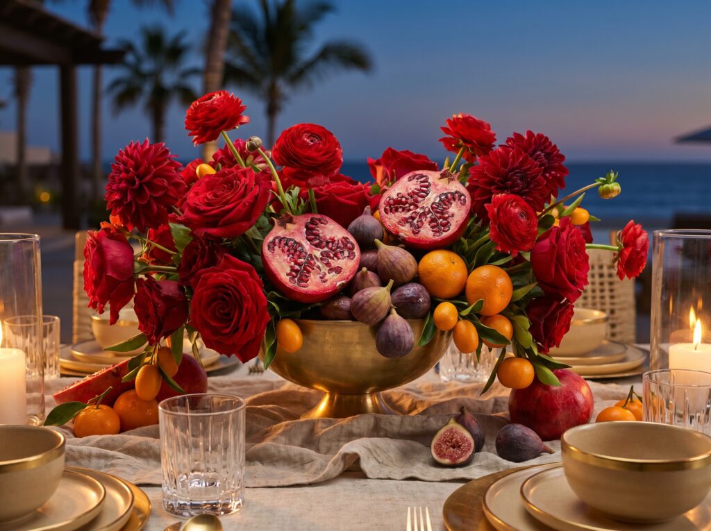 Centro de mesa elegante con flores frescas, granadas e higos integrados al diseño para evento en Los Cabos