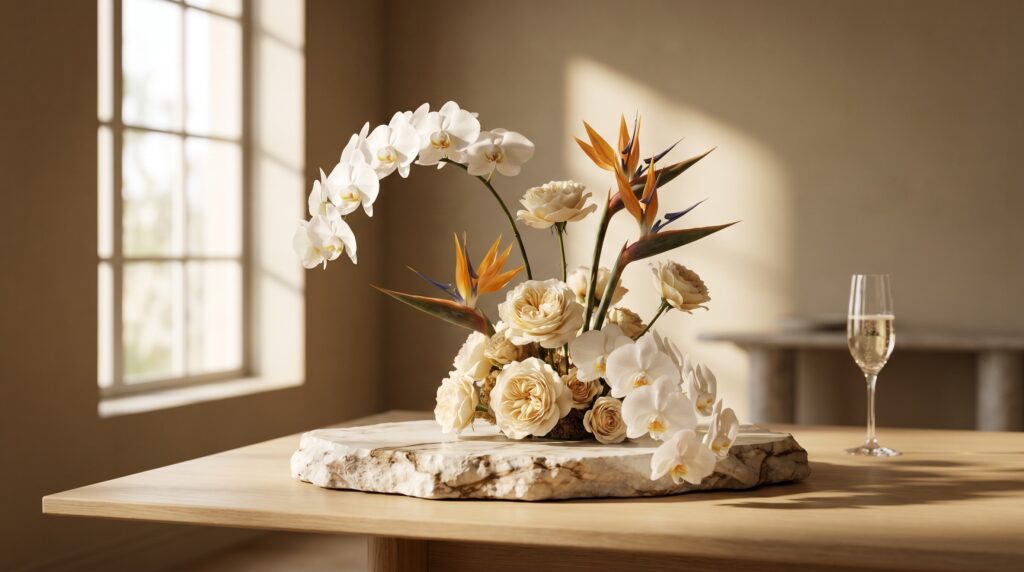 Arreglo floral escultural con orquídeas Phalaenopsis blancas, rosas garden crema y ave del paraíso sobre superficie de mármol, tendencias florales 2026