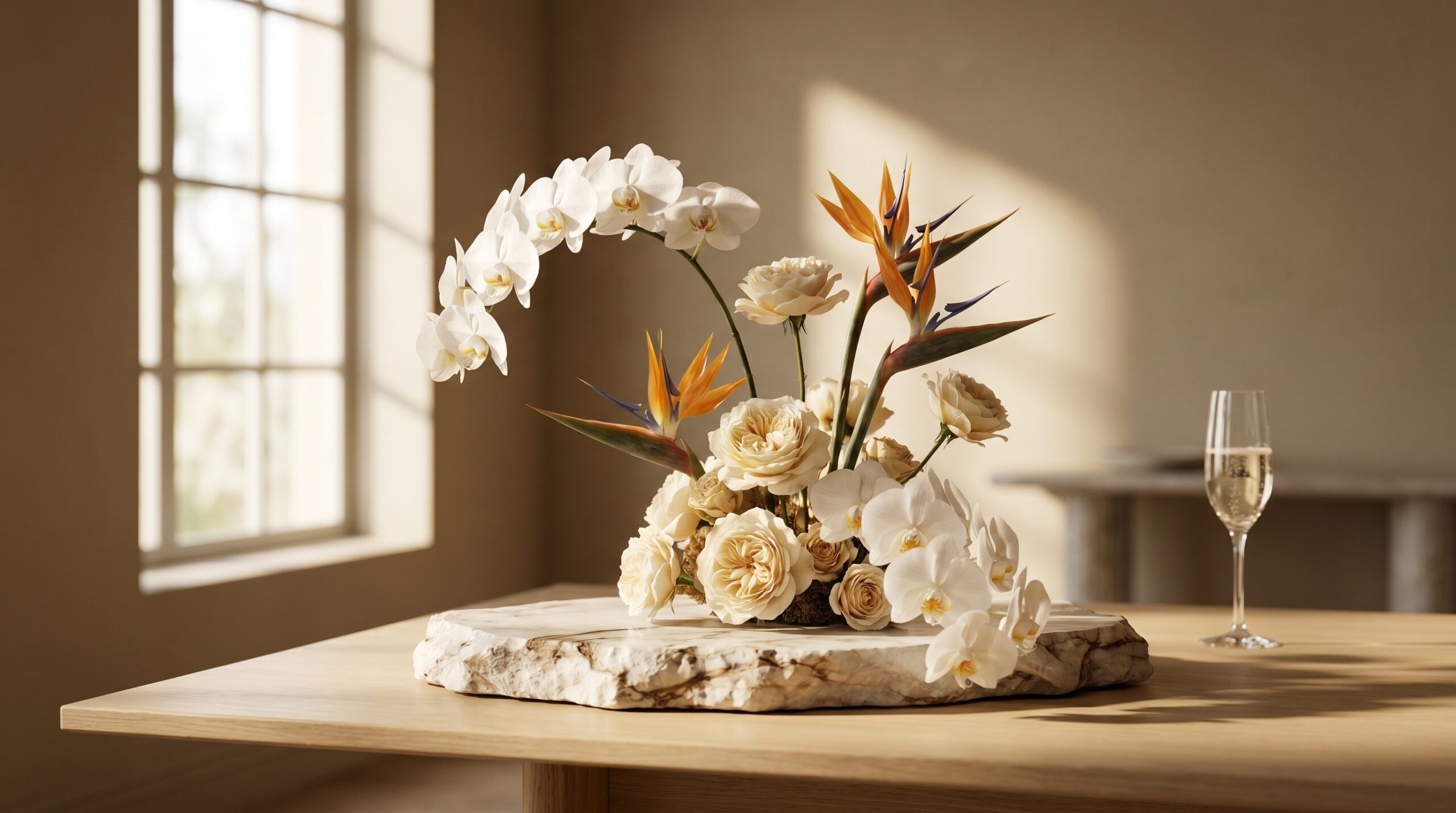 Arreglo floral escultural con orquídeas Phalaenopsis blancas, rosas garden crema y ave del paraíso sobre superficie de mármol, tendencias florales 2026