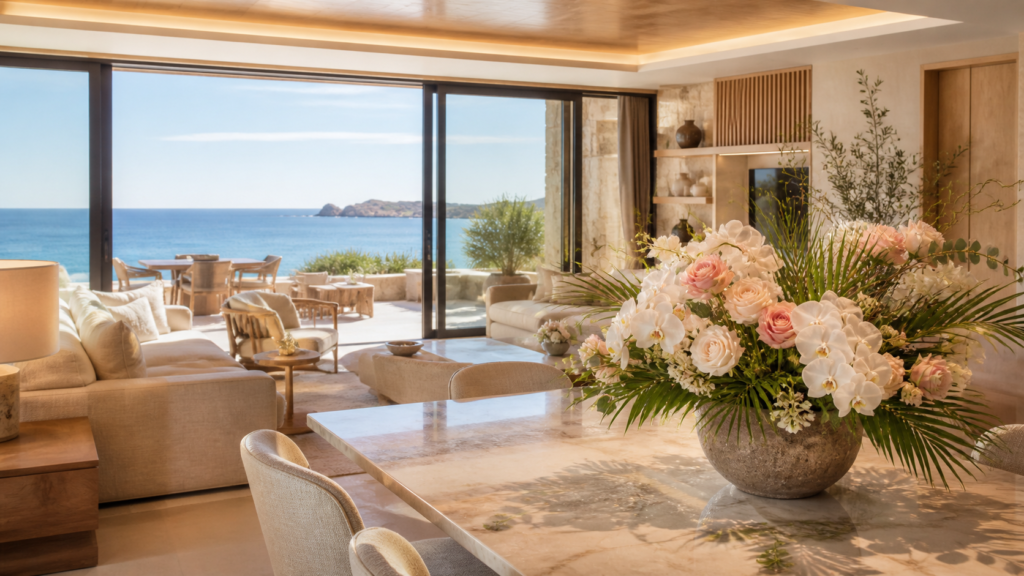 Decoración floral en casa de descanso en Los Cabos con arreglos frescos