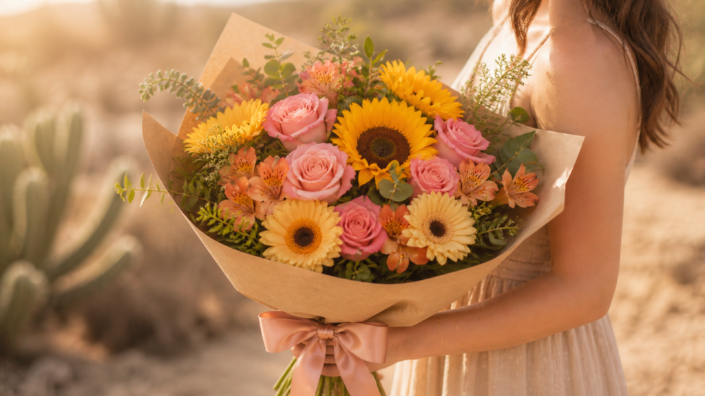 Ramo de girasoles y rosas hecho a mano en Los Cabos